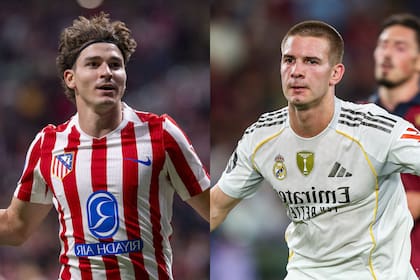 Julián Álvarez y Franco Mastantuono, ex riverplatenses que se encontrarán en el clásico de este sábado entre Atlético de Madrid y Real Madrid, por la liga de España.