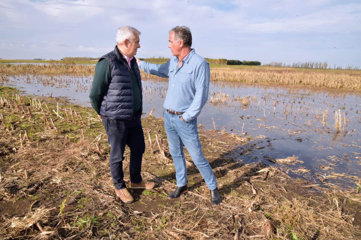 Julián Domínguez con Alberto Pol, productor de Carlos Casares, en un campo anegado