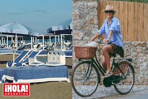Juliana en versión relajada en su escapada a la costa del mar de Liguria. A la izquierda, Bagno Piemonte, uno de los balnearios elegidos por la empresaria y sus hijas.