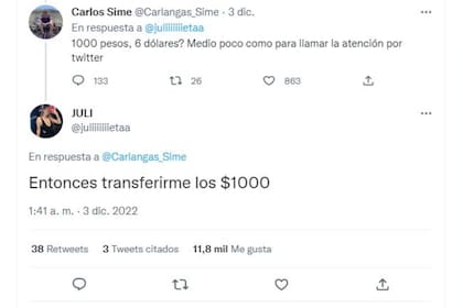 Julieta le respondió con ironía a uno de los tantos usuarios que minimizaban el valor de los $1000 pesos al hacer la equivalencia con dólares