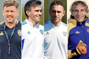 Julio Santella, Maximiliano Velázquez, Pablo Manusovich y Fernando Gayoso, los cuatro asistentes de Jorge Almirón en Boca