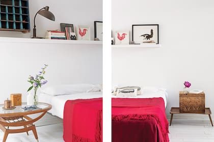 Junto a la cama, mesa baja de los años 60 que la dueña de casa utiliza como mesa de noche. Colgando encima de la repisa, casillero de madera que su hermana compró en el Mercado de Pulgas.