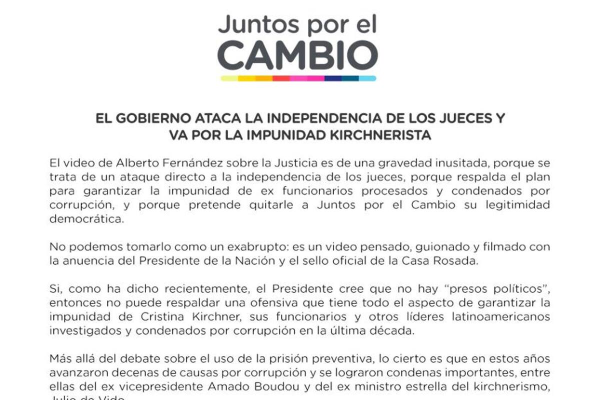 Juntos por el Cambio, la fuerza opositora integrada por la UCR, el Pro y la Coalición Cívica, emitió un comunicado a raiz del video que Alberto Fernández difundió ayer en el que indican que las declaraciones del presidente "derrumban los esfuerzos del Estado argentino en la lucha contra la corr