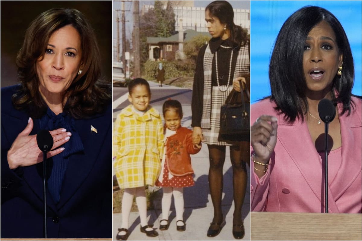 Kamal Harris y su hermana Maya; ambas aparecen junto a su madre en una foto familiar