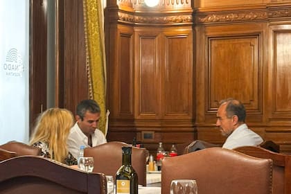 Karina Milei (de espalda), Martín y Lule Menem en un almuerzo en el Congreso