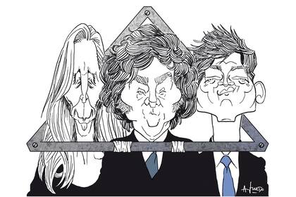 Karina Milei, Javier Milei y Santiago Caputo