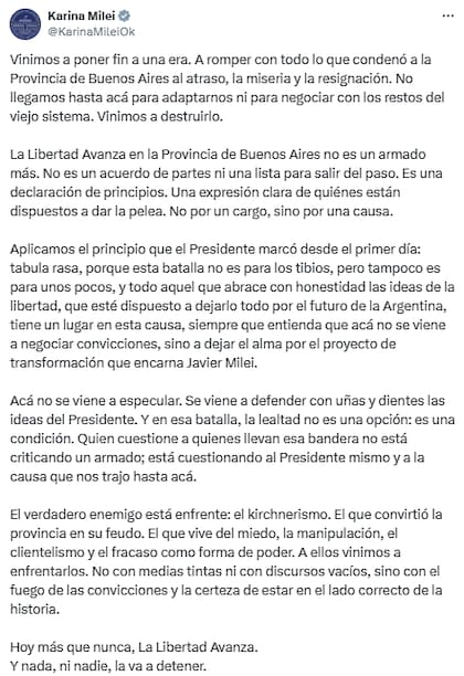 Karina Milei sobre la interna con las Fuerzas del Cielo por el cierre de las listas en Provincia (Instagram: @KarinaMileiOK)