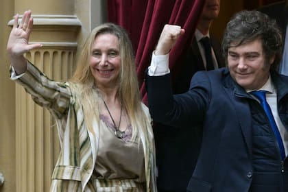 Karina Milei y Javier Milei festejan desde un palco en el Congreso de la Nación