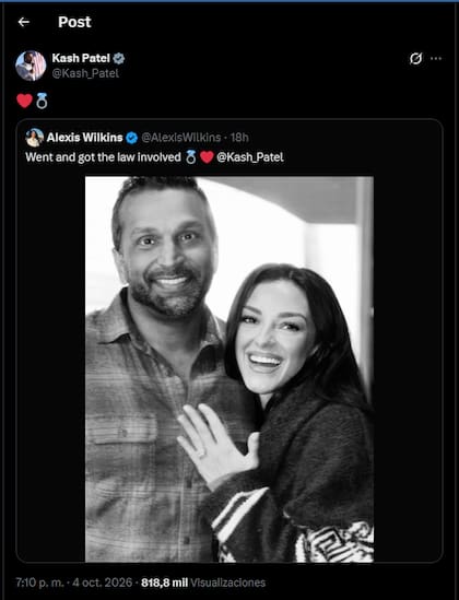 Kash Patel y Alexis Wilkins anunciaron formalmente su compromiso con una publicación en X