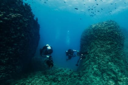 Kathleen Martínez, sumergida en el pasaje del puerto de Taposiris Magna, indicio de la ubicación de la tumba de Cleopatra