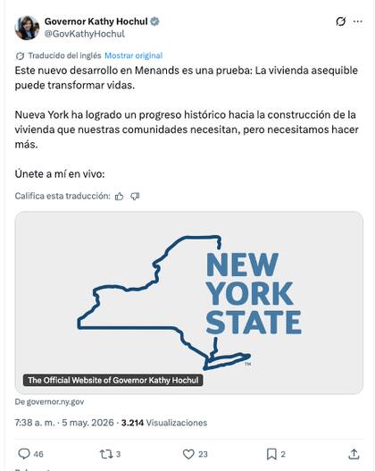 Kathy Hochul anunció la importancia de la vivienda asequible en sus redes sociales