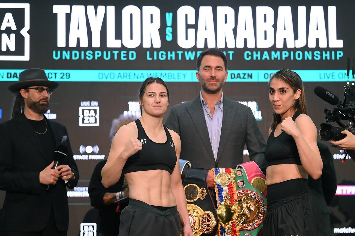 Katie Taylor, la favorita, y Elizabeth Carabajal, el crédito argentino, en la presentación del combate.