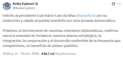 Keiko felicitó a Lula