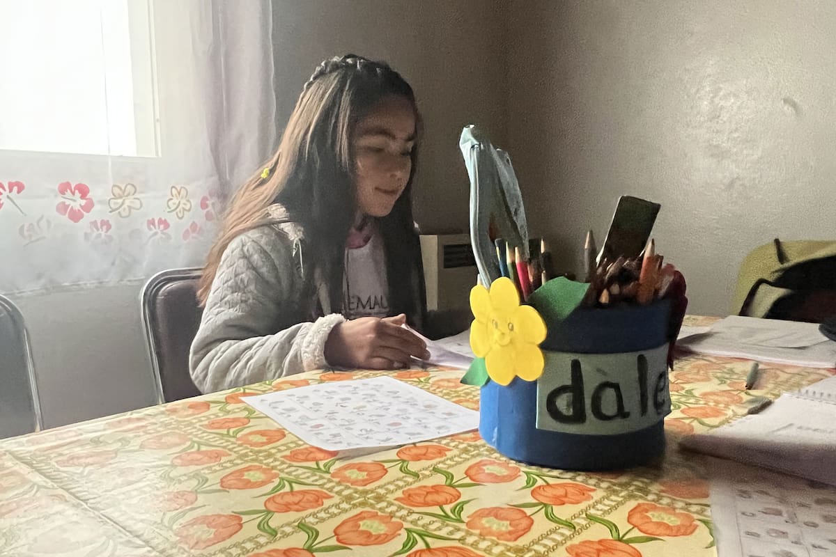 Keyla Huenchuleo tiene 8 años y vive en el paraje Paso del Sapo, en Chubut. Gracias a la Propuesta Dale! que implementan las voluntarias de Cáritas, aprendió a leer y a escribir con fluidez