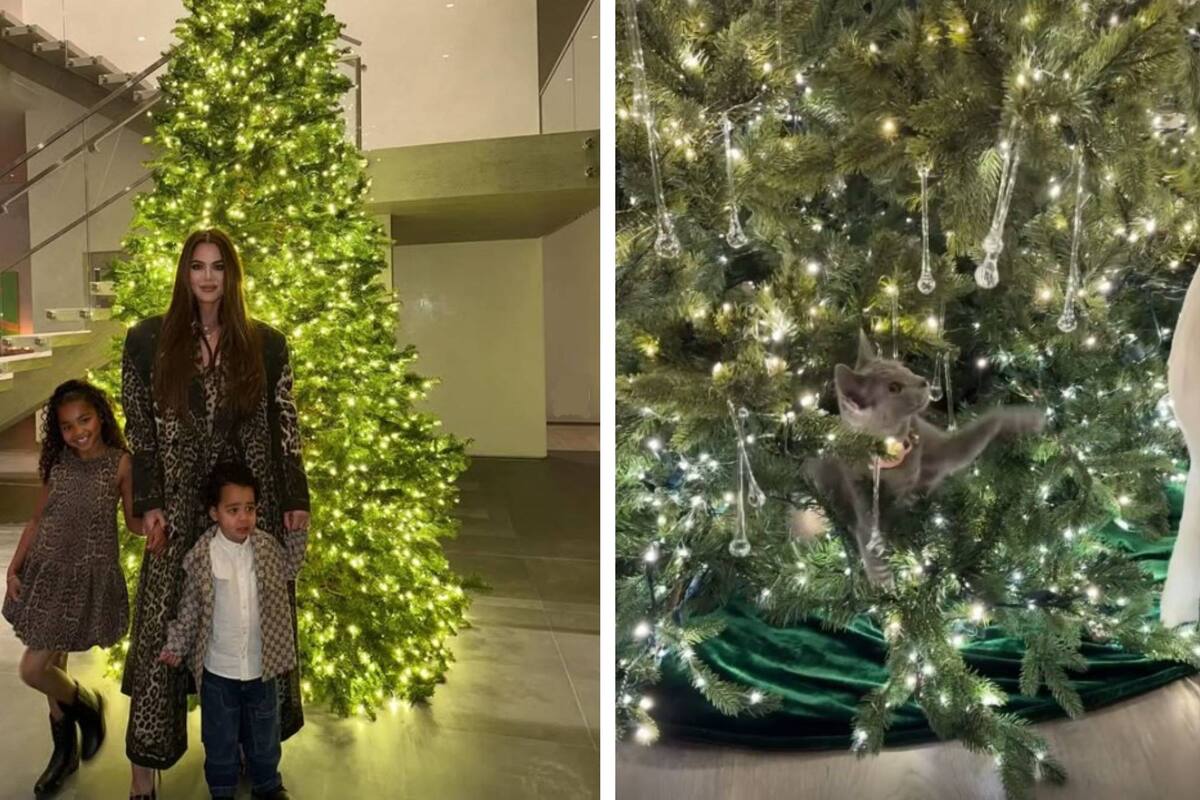 Khloé Kardashian posa con sus hijos, True y Tatum, frente a su enorme árbol de Navidad, una tentación para su gato