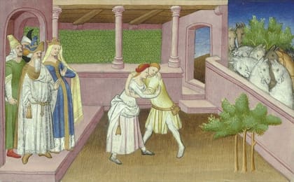 Khutulun luchando mientras el rey Kaidu, su esposa y cortesanos la observan, en una ilustración de una edición del siglo XV de "El libro de las maravillas" de Marco Polo