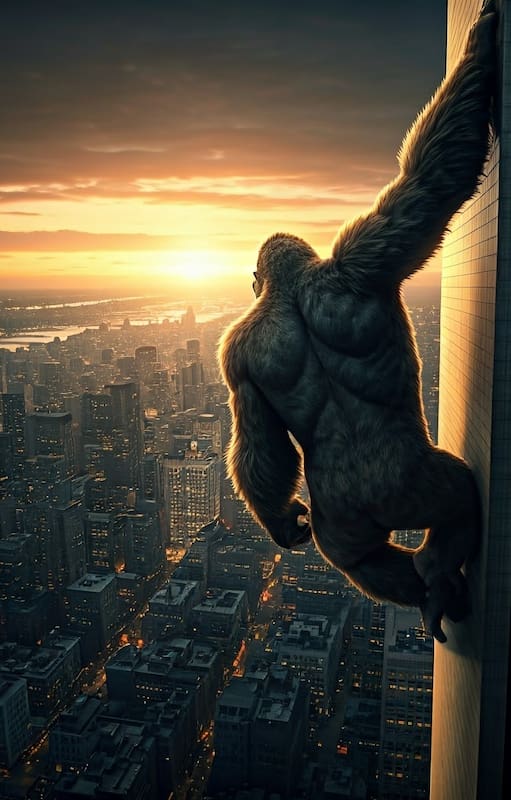 King Kong supo colgarse del edificio más alto en 1933, cuando el Empire State Building era el edificio más alto del mundo, foto realizada con IA