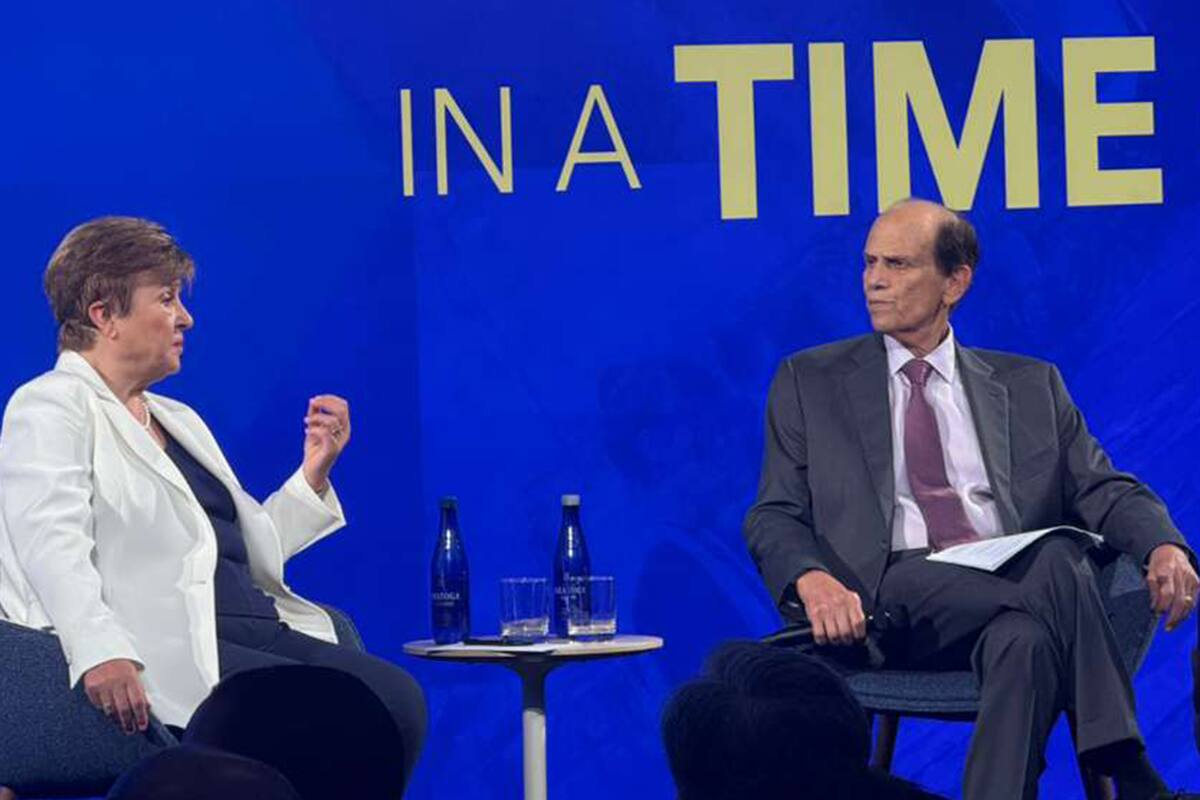 Kristalina Georgieva y Michael Milken, en una presentación en Washington.