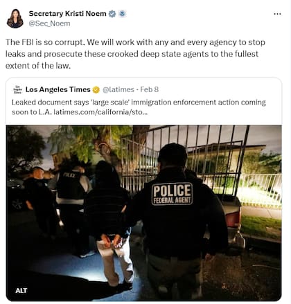 Kristi Noem, encargada de la política interna sospecha que agentes federales compartieron un memorando interno donde ICE indica que prepara para finales del mes un gran operativo en Los Ángeles