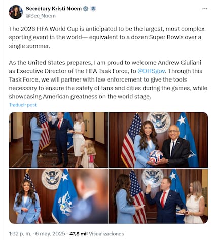 Kristi Noem, secretaria de Seguridad Nacional de los Estados Unidos, también celebró el nuevo puesto de Andrew Giuliani