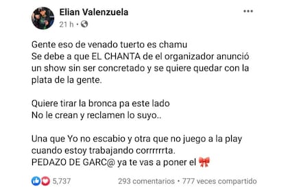L-Gante publicó su descargo en su cuenta de Facebook