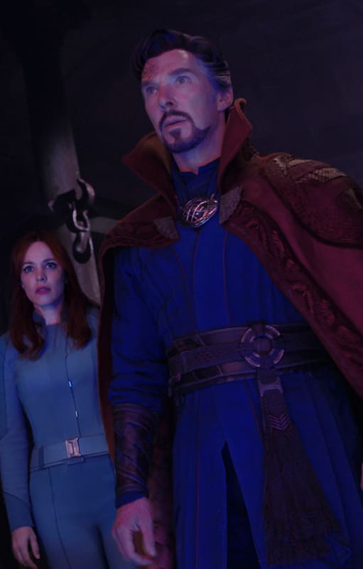 (L-R): Rachel McAdams as Dr. Christine Palmer, Benedict Cumberbatch as Dr. Stephen Strange, and Xochitl Gomez as America Chavez in Marvel Studios' DOCTOR STRANGE IN THE MULTIVERSE OF MADNESS. Photo courtesy of Marvel Studios. ©Marvel Studios 2022. All Rights Reserved.