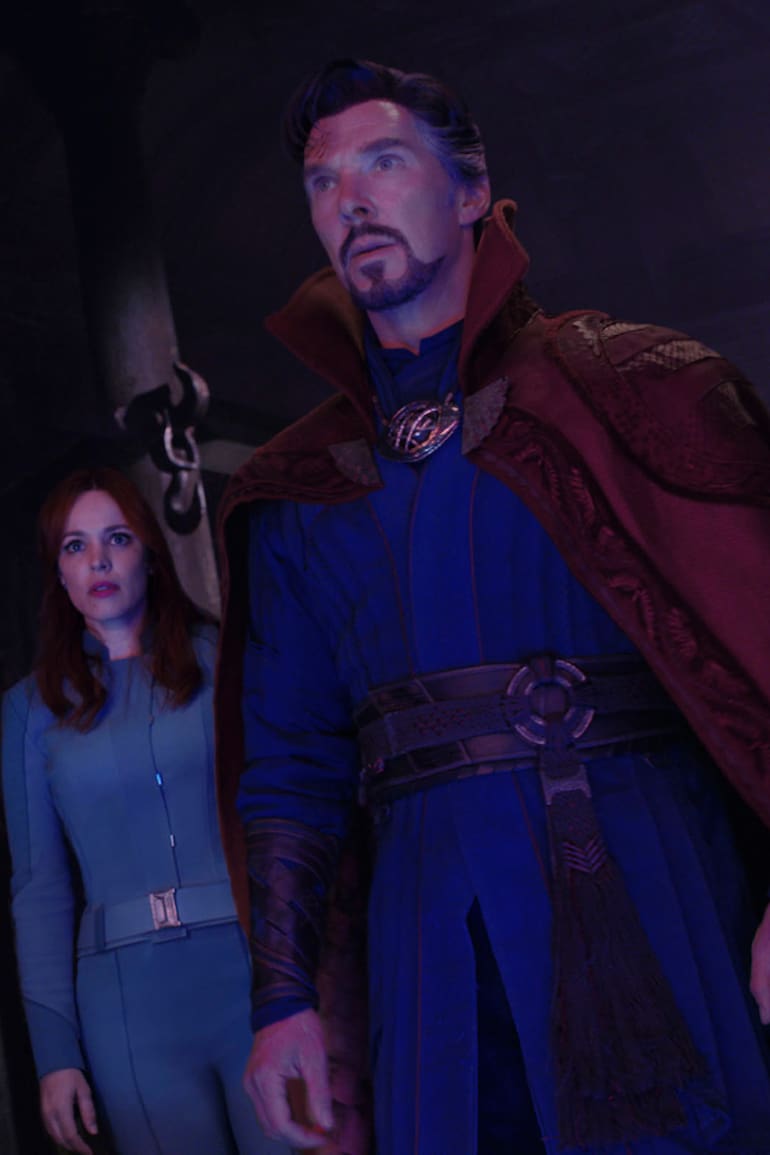 (L-R): Rachel McAdams as Dr. Christine Palmer, Benedict Cumberbatch as Dr. Stephen Strange, and Xochitl Gomez as America Chavez in Marvel Studios' DOCTOR STRANGE IN THE MULTIVERSE OF MADNESS. Photo courtesy of Marvel Studios. ©Marvel Studios 2022. All Rights Reserved.