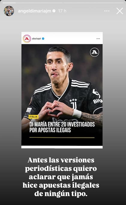 La aclaración de Ángel di María en su cuenta de Instagram