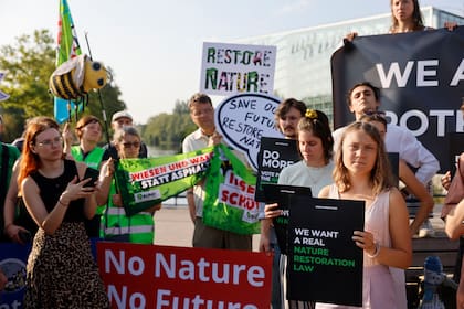La activista climática sueca Greta Thunberg, a la derecha, asiste con otros activistas a una manifestación ante el Parlamento Europeo, el 11 de julio de 2023 en Estrasburgo, Francia