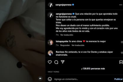 La actriz habló desde el dolor sobre el fin de su relación (Foto Instagram @sangrejaponesa)