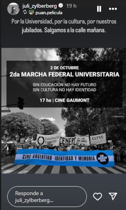 La actriz pidió asistir a la marcha en apoyo a la universidad pública