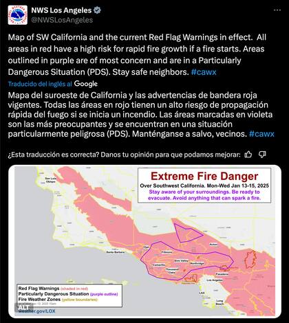 La advertencia del Servicio Meteorológico Nacional para Los Ángeles sobre la situación "particularmente peligrosa"