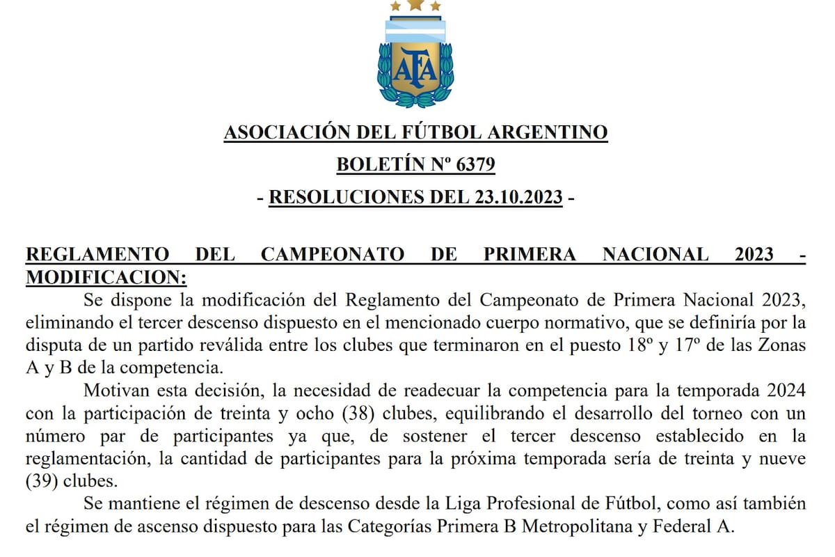La AFA y la notificación de la eliminación del tercer descenso de la Primera Nacional 2023