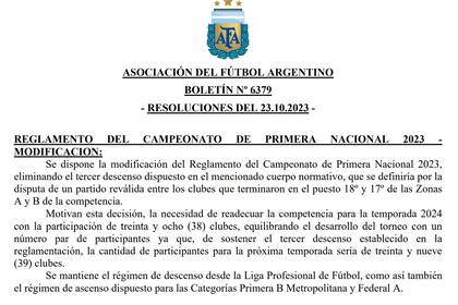 La AFA y la notificación de la eliminación del tercer descenso de la Primera Nacional 2023