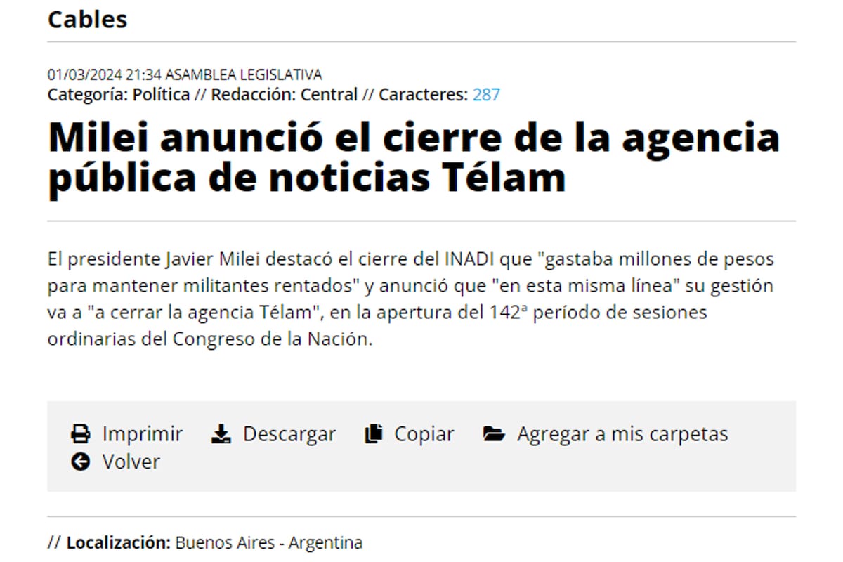 La agencia de noticias publicó su propio cierre, tras el anuncio del presidente Javier Milei