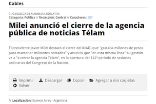 Así informó Télam su cierre dispuesto por Milei: el mensaje sobre el final de la agencia pública de noticias