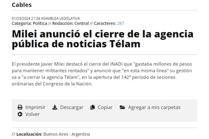 La agencia de noticias publicó su propio cierre, tras el anuncio del presidente Javier Milei