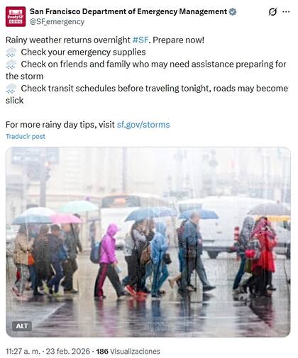 La agencia de San Francisco llama a los residentes a estar preparados ante la tormenta