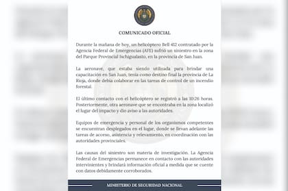 La Agencia Federal de Emergencias -que depende del Ministerio de Seguridad- emitió un comunicado minutos después de las 16, en el que realizó un reconstrucción del siniestro paso por paso