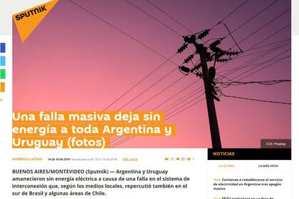 La agencia rusa Sputnik señala la falla masiva que deja sin energía a toda Argentina y Uruguay