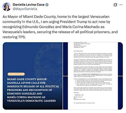 La alcaldesa Daniella Levine Cava llama al presidente Trump a apoyar la transición democrática en Venezuela