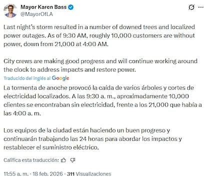 La alcaldesa señala que los equipos de la ciudad trabajan para restablecer el servicio eléctrico