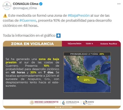 La alerta de Conagua por el desarrollo ciclónico del océano Pacífico
