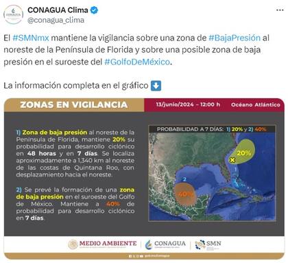 La alerta de Conagua por los desarrollos ciclónicos en el Golfo de México y océano Atlánttico