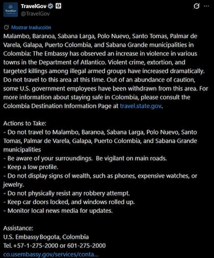 La alerta del Departamento de Estado para los estadounidense que viajen a Colombia