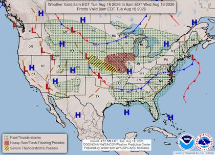 La amenaza meteorológica, iniciada el lunes, se traslada hacia el valle inferior del Missouri y las Grandes Llanuras centrales