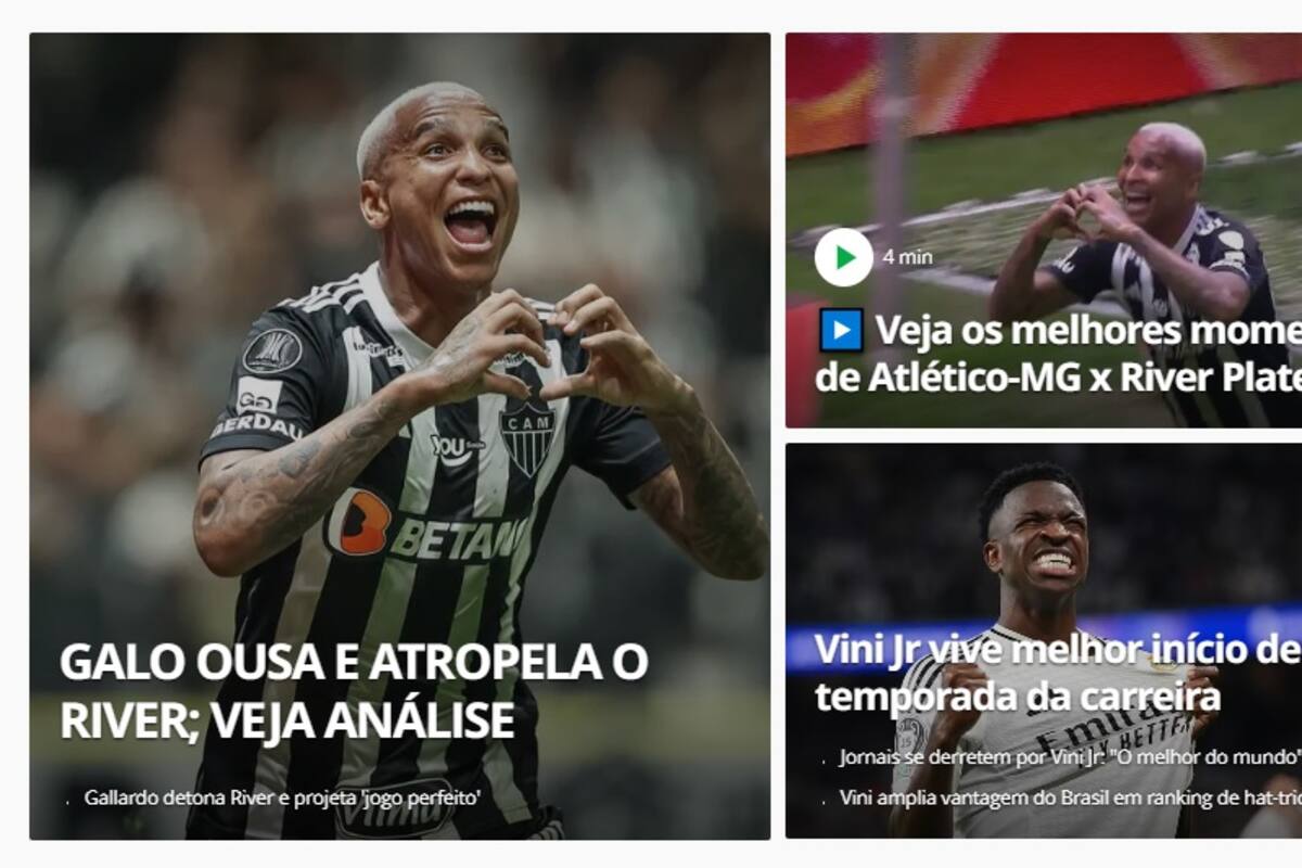 La apertura del portal globo.com, con el delantero Deyverson, la gran figura de la goleada 3-0 de Mineiro ante River