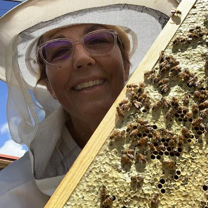 La apicultora se pone entonces unos guantes protectores y empieza a sacar los paneles de panal cubiertos de abejas
