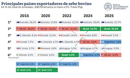 La Argentina pasó del puesto 15 entre los exportadores mundiales de sebo bovino en 2015 al cuarto lugar en 2025