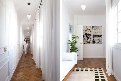 La arq. Lola Fernández, recorre el pasillo de 9 metros que lleva a los cuartos. Lámparas (Dimm). Enfrente, la antesala del toilette, organizada como un recibidor. Alfombra (Francesca Darget para Tupé Home). Cuadro (Tapiri).